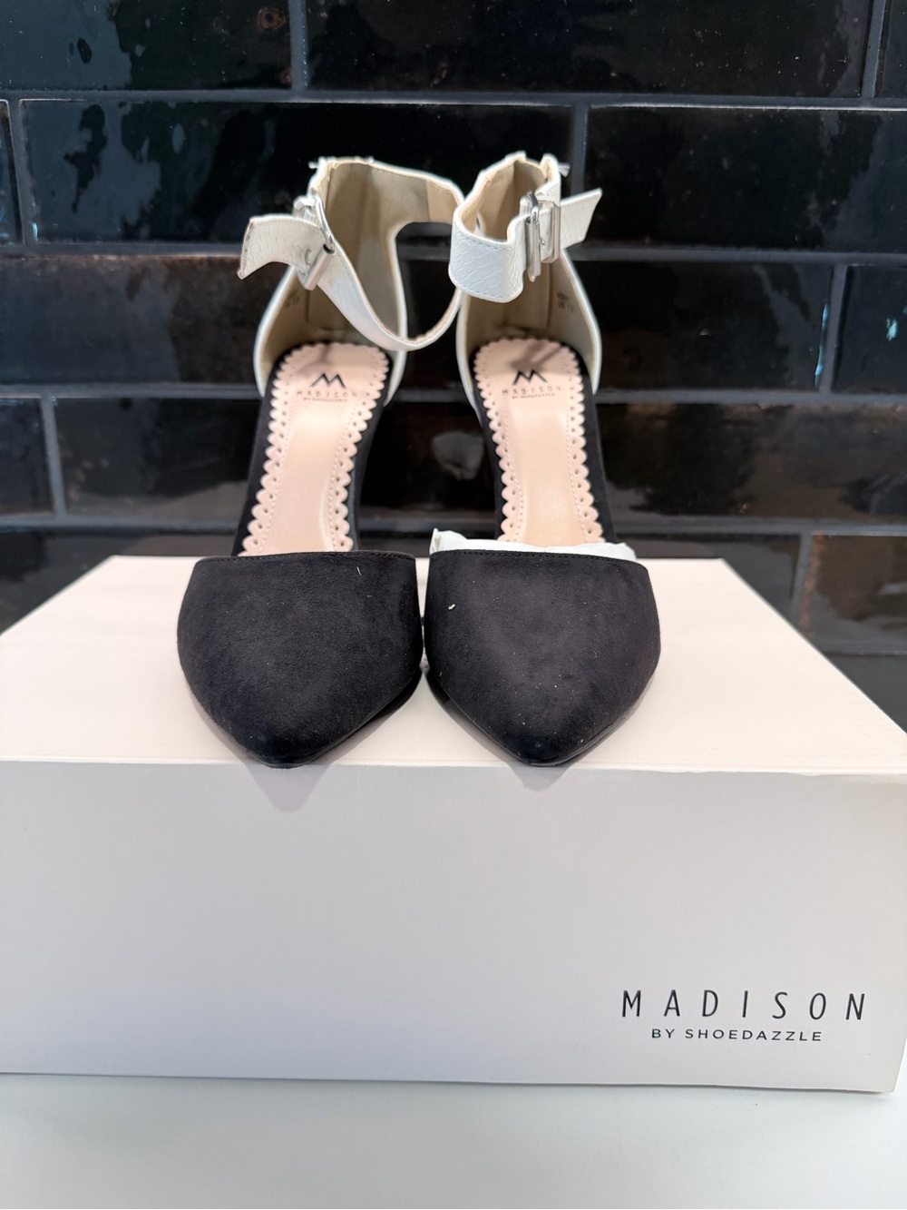 Madison Black and Cream Pointed Toe Ankle Strap Heels